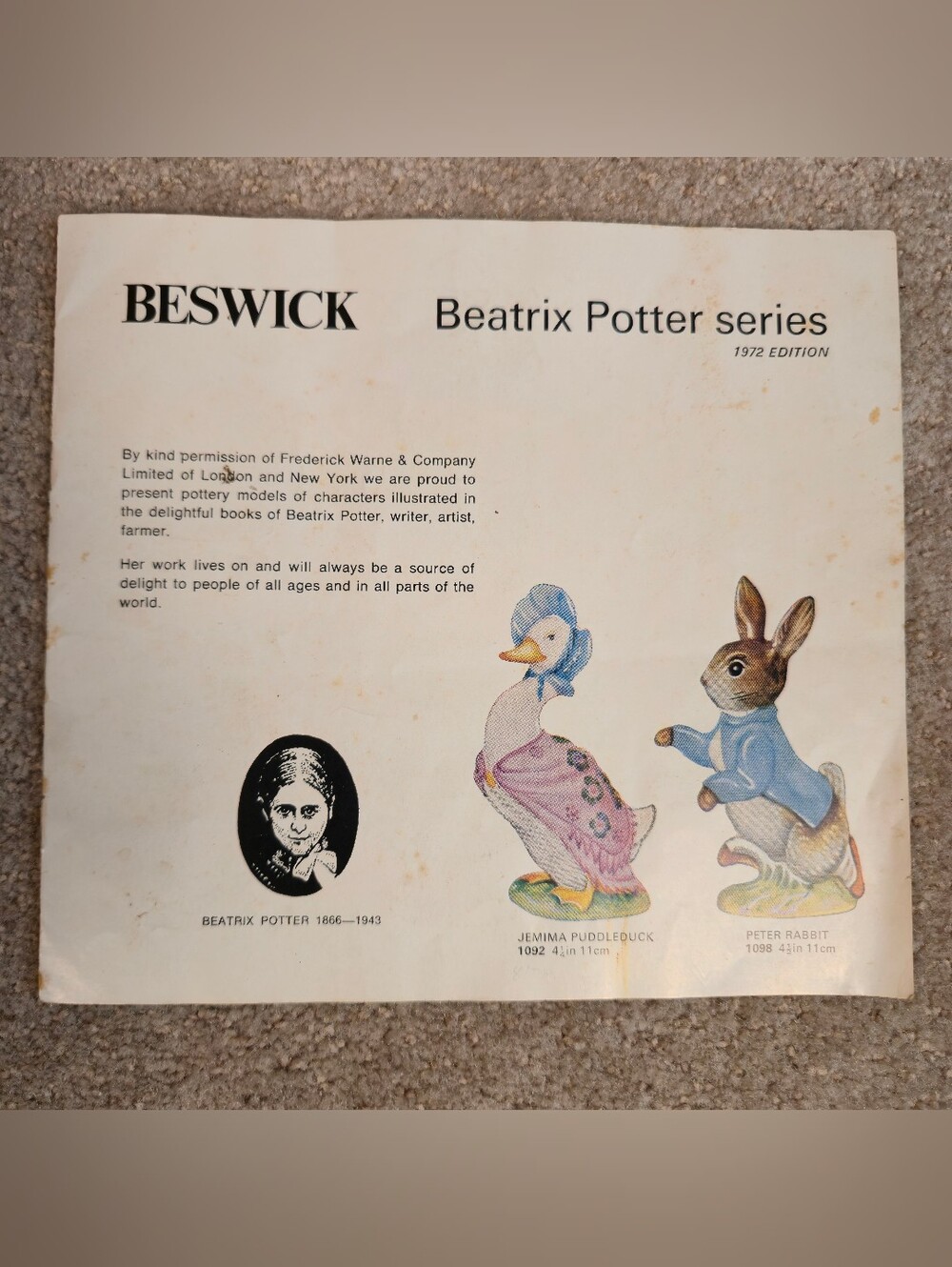 Vintage 1972 Beswick Beatrix Potter series catalog or dealer leaflet